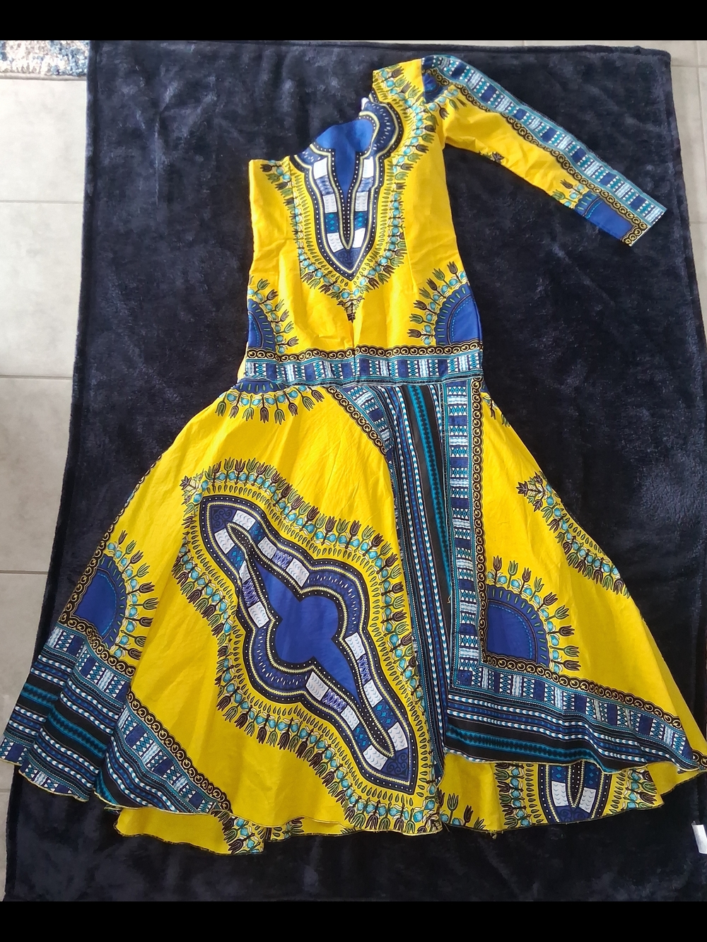 Yellow & Blue One-Shoulder Tribal Print Dress